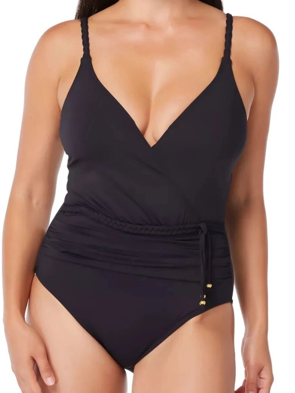 Bleu by Rod Beattie Women's Braid-Trim Surplice One-Piece Swimsuit, Black, 6